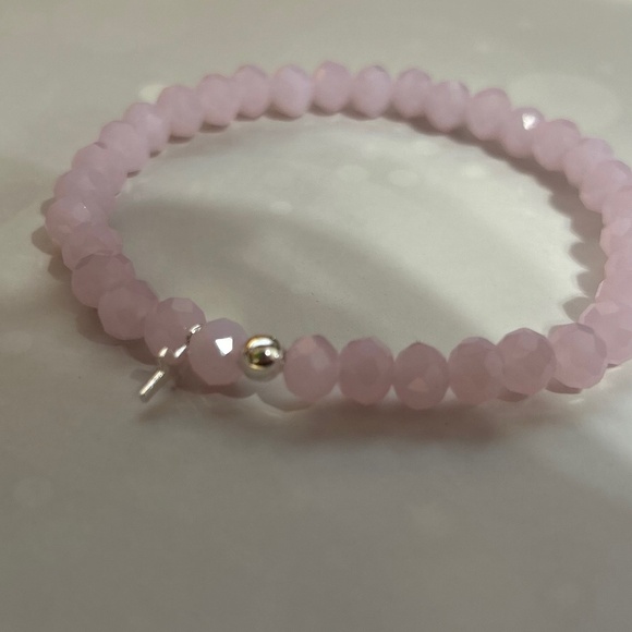 Light Pink Crystalline Glass Beaded Bracelet 6.5" .925 silver closure&tiny cross - Picture 3 of 5